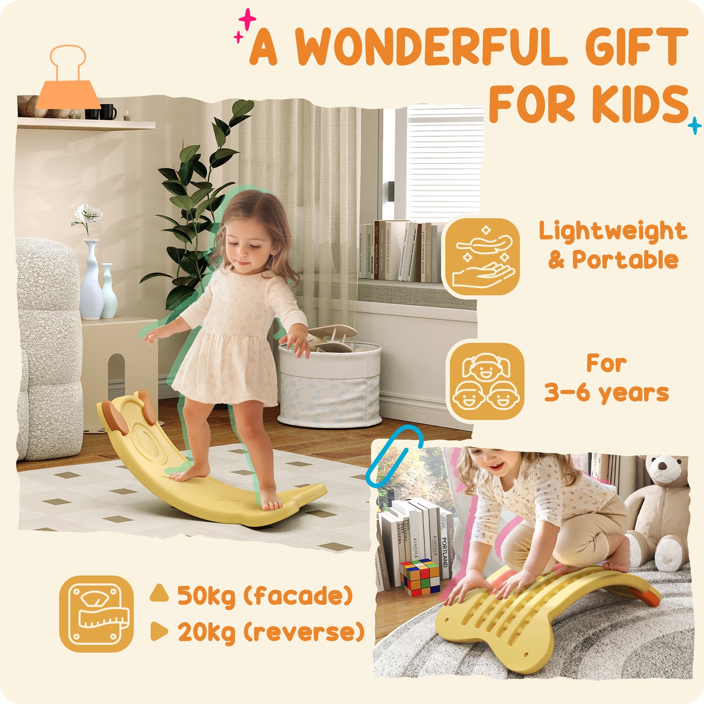 AIYAPLAY Balance Board for Kids Balance Training & Sensory Play, Yellow / Light Blue / Pink