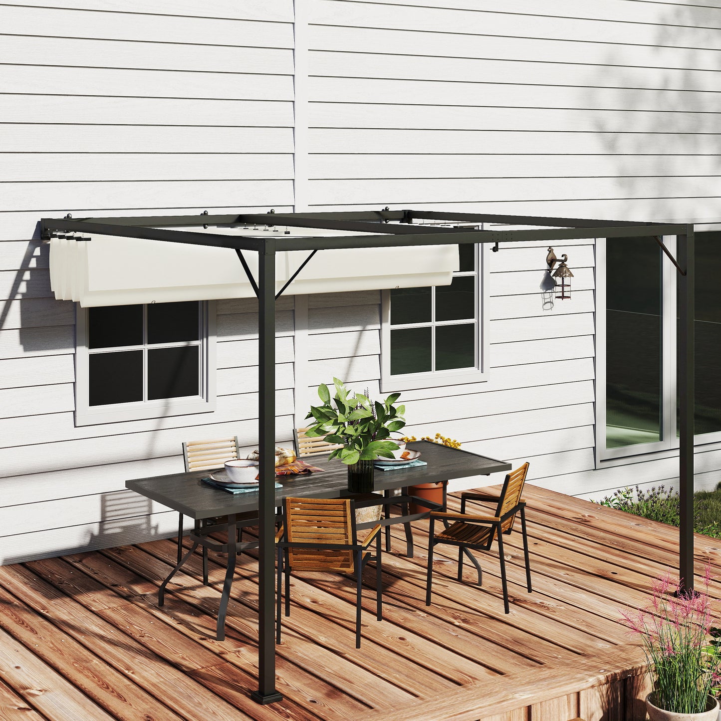 Outsunny 3 x 3(m) Outdoor Wall Mounted Pergola with Retractable Canopy -Cream White