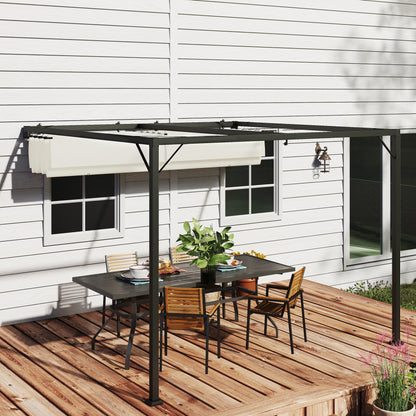 Outsunny 3 x 3(m) Outdoor Wall Mounted Pergola with Retractable Canopy -Cream White