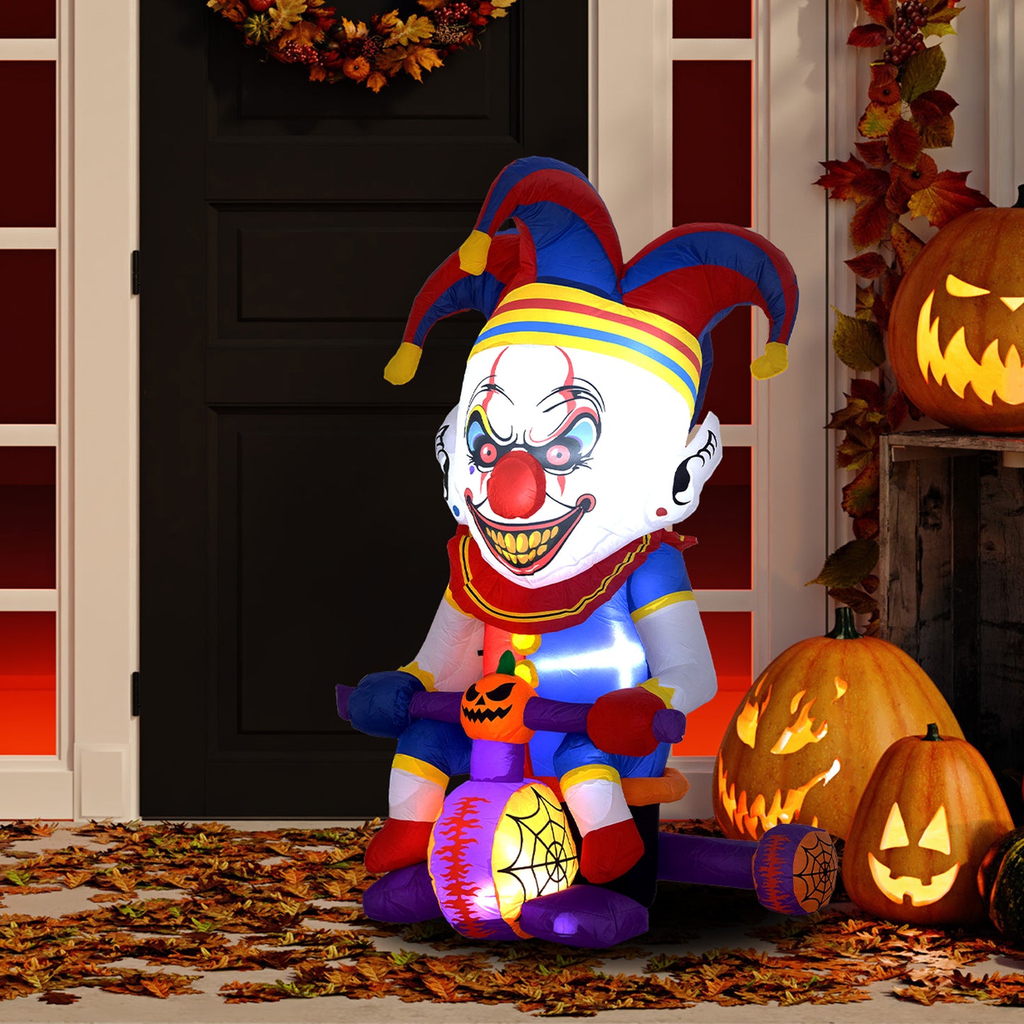4ft Halloween Inflatable Clown on Bicycle, Blow Up Outdoor Halloween Decoration with 3 Built-in LED Lights for Garden, Party Indoor Outdoor