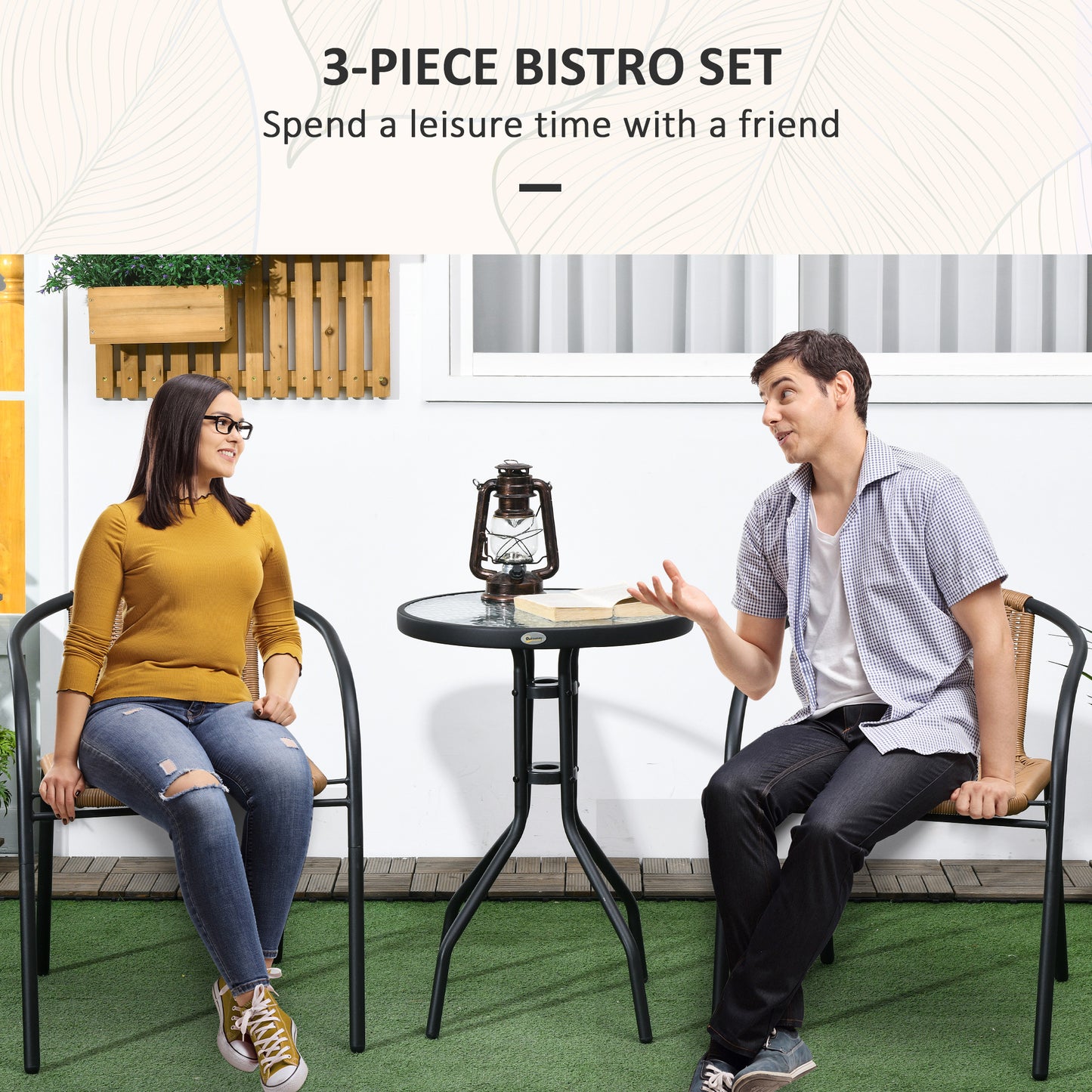 3 Piece Rattan Bistro Set | 2 Leisure Chairs | 5mm Tempered Glass Coffee Table | Handwoven PE Rattan | Powder Coated Steel | Adjustable Feet | Brown