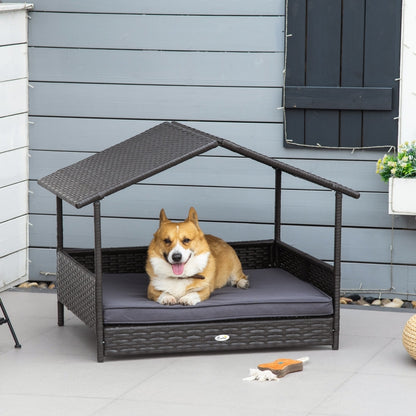 PawHut Wicker Dog House, Rattan Pet Bed, with Removable Cushion, Canopy, for Small and Medium Dogs - Cream