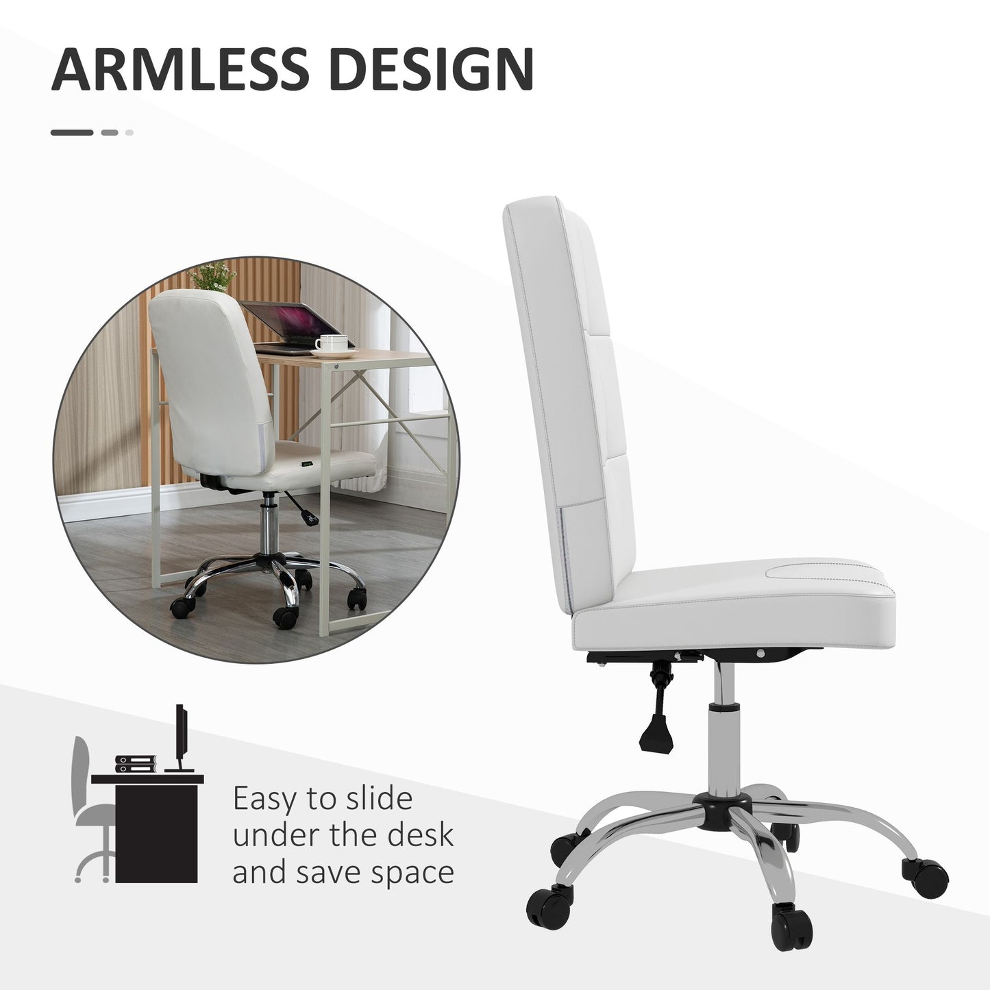 Vinsetto Armless Office Chair Faux Leather Desk Chair with Adjustable Height White