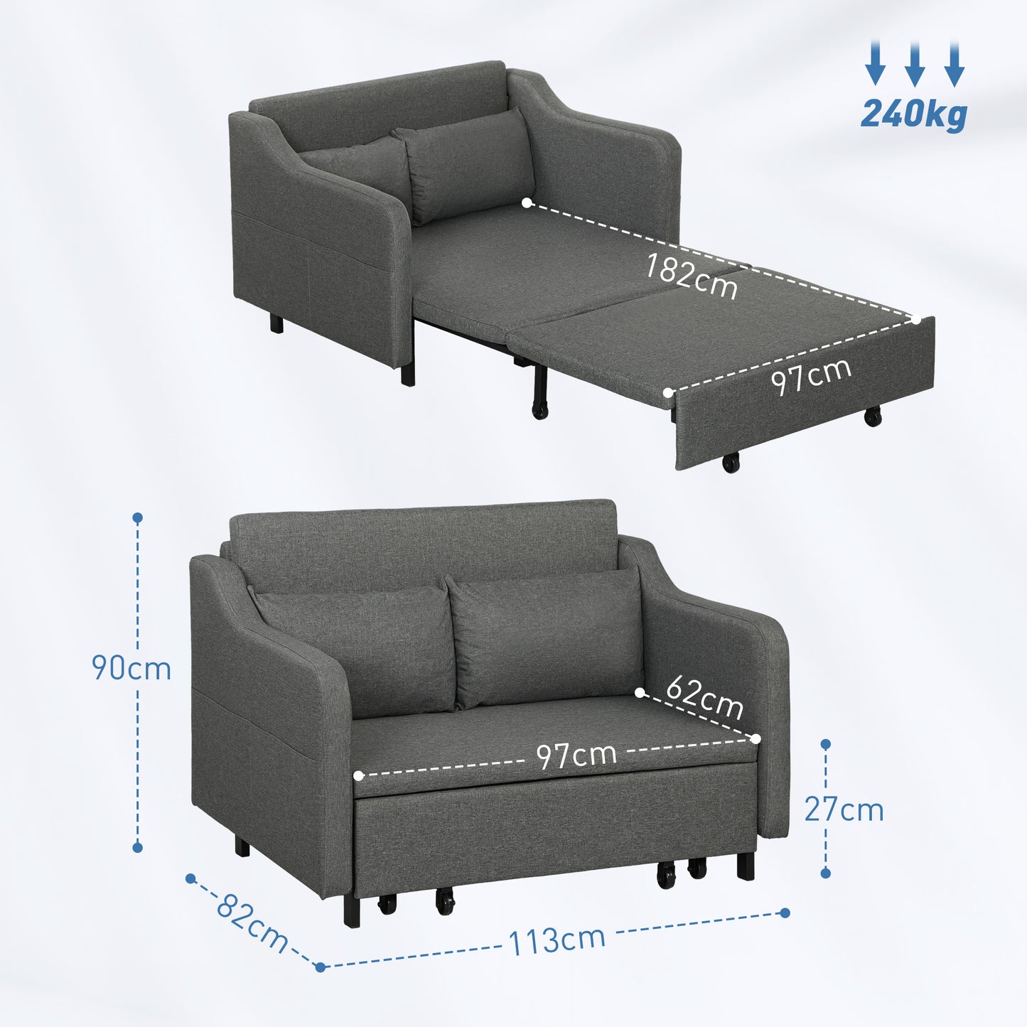 Two-Seater Pull-Out Sofa Bed - Grey