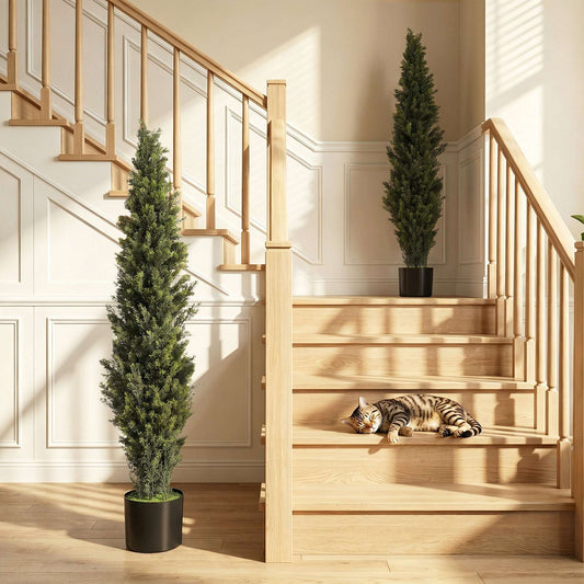 Set of 2 Artificial Cypress Trees | 150cm | 2035 PE Leaves | Shapeable Branches | Cement Base | No Maintenance | Green
