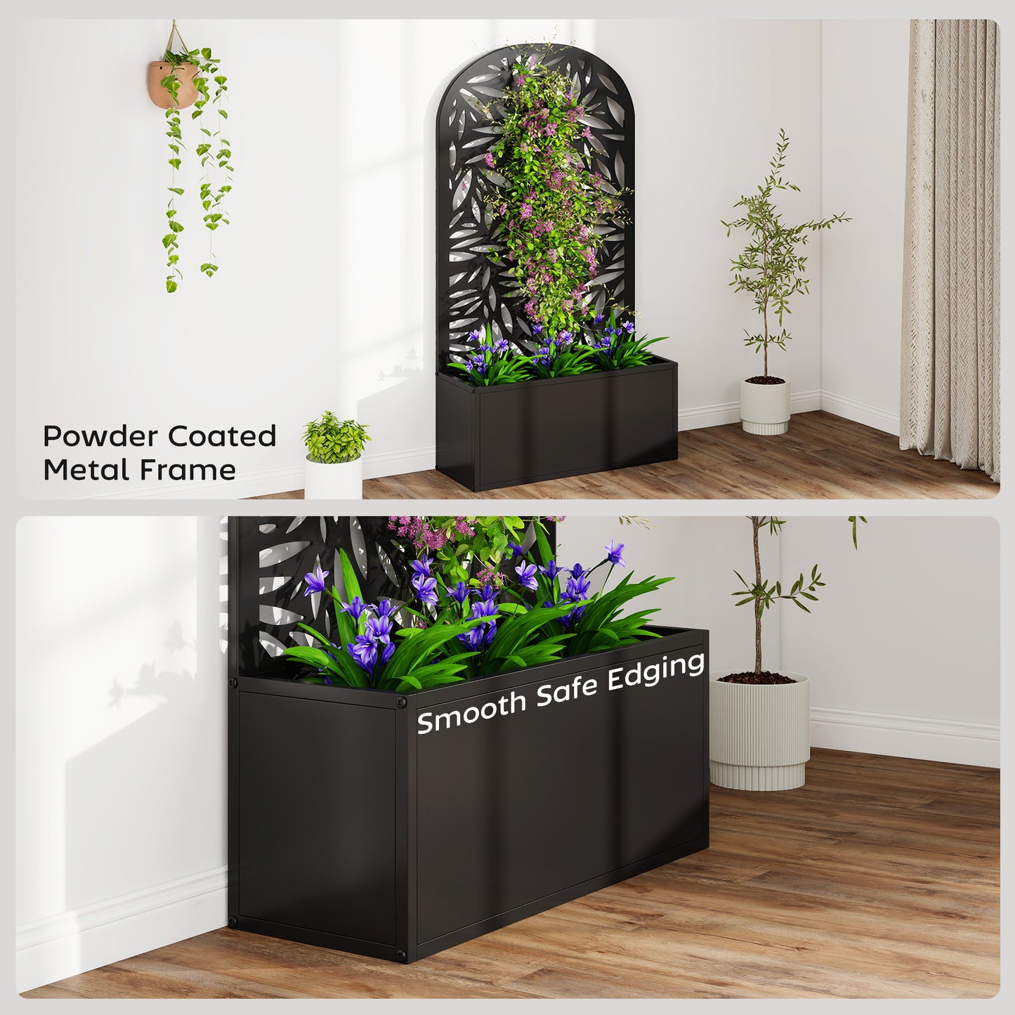 Metal Raised Planter with Curved Leaf Trellis & Privacy Screen | Wall Mounted or Freestanding | 29L Soil | 50kg | Powder-Coated | 61x23x113cm | Climbing Plants | Black