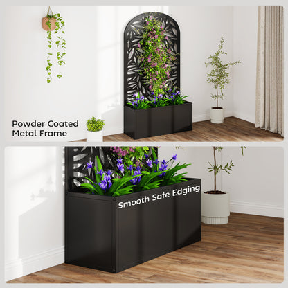 Metal Raised Planter with Curved Leaf Trellis & Privacy Screen | Wall Mounted or Freestanding | 29L Soil | 50kg | Powder-Coated | 61x23x113cm | Climbing Plants | Black