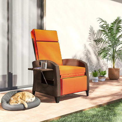 Rattan Outdoor Recliner Chair | 140° Adjustable Back | Lift-Up Footrest | Flip-Up Side Tray | Full Cushion Seat Back Headrest & Footrest | Powder-Coated Steel | 160kg | 65x78x102cm | Orange