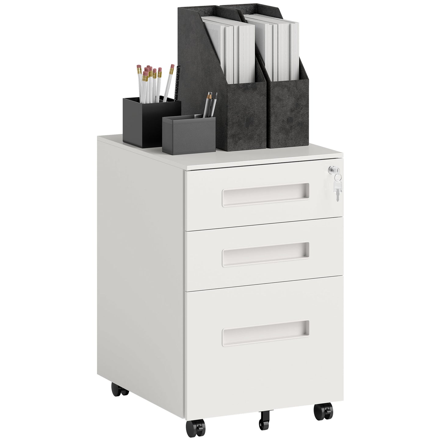 3 Drawer Mobile Metal Filing Cabinet | Under Desk | 39x48x60cm | Lockable | A4 Legal Letter | Pencil Tray | 4 Wheels 2 Brakes | Pre-Assembled | 30kg | White