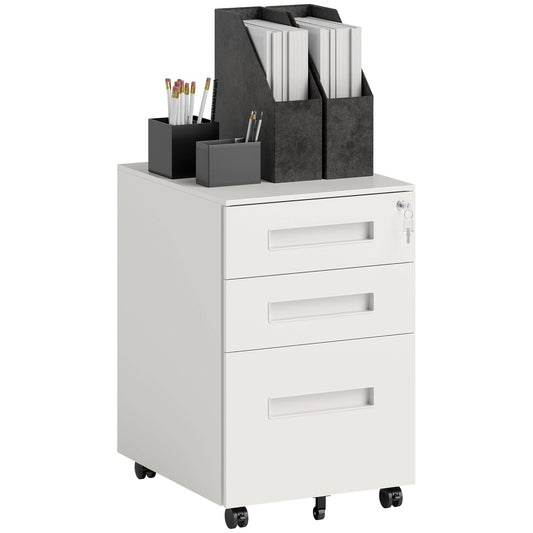 3 Drawer Mobile Metal Filing Cabinet | Under Desk | 39x48x60cm | Lockable | A4 Legal Letter | Pencil Tray | 4 Wheels 2 Brakes | Pre-Assembled | 30kg | White