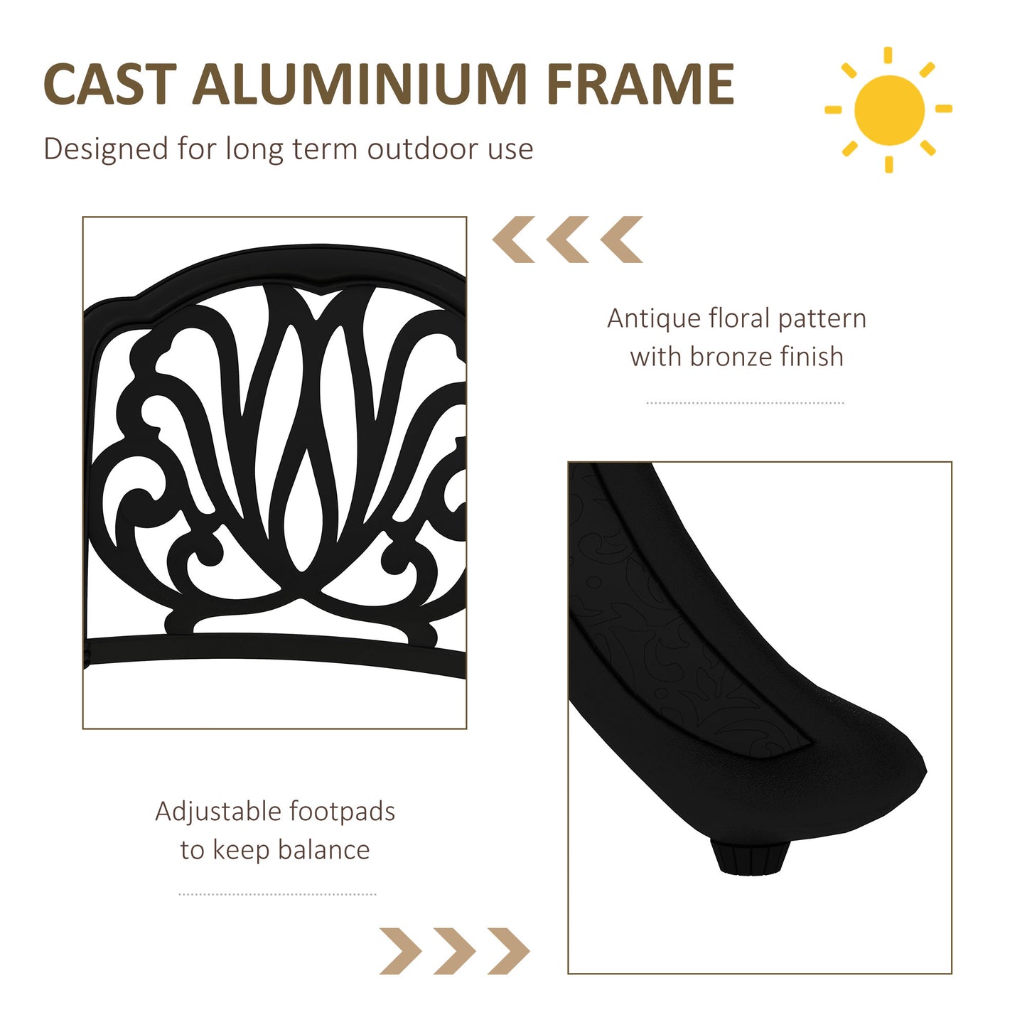 Outsunny Cast Aluminium 4 Seater Outdoor Dining Set with Cushions Parasol Hole Black