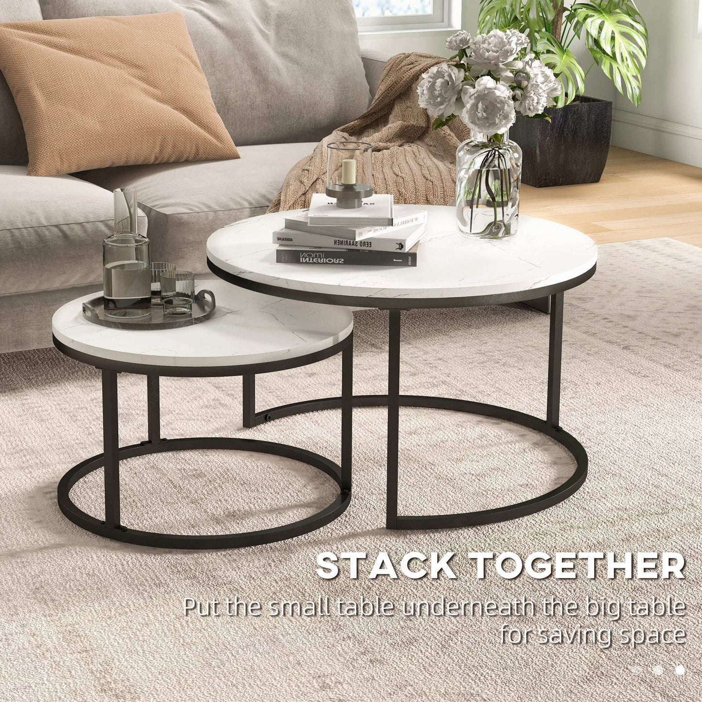 Industrial Nesting Coffee Table Set of 2, Round Coffee Tables, Living Room Table with Faux Marbled Top and Steel Frame