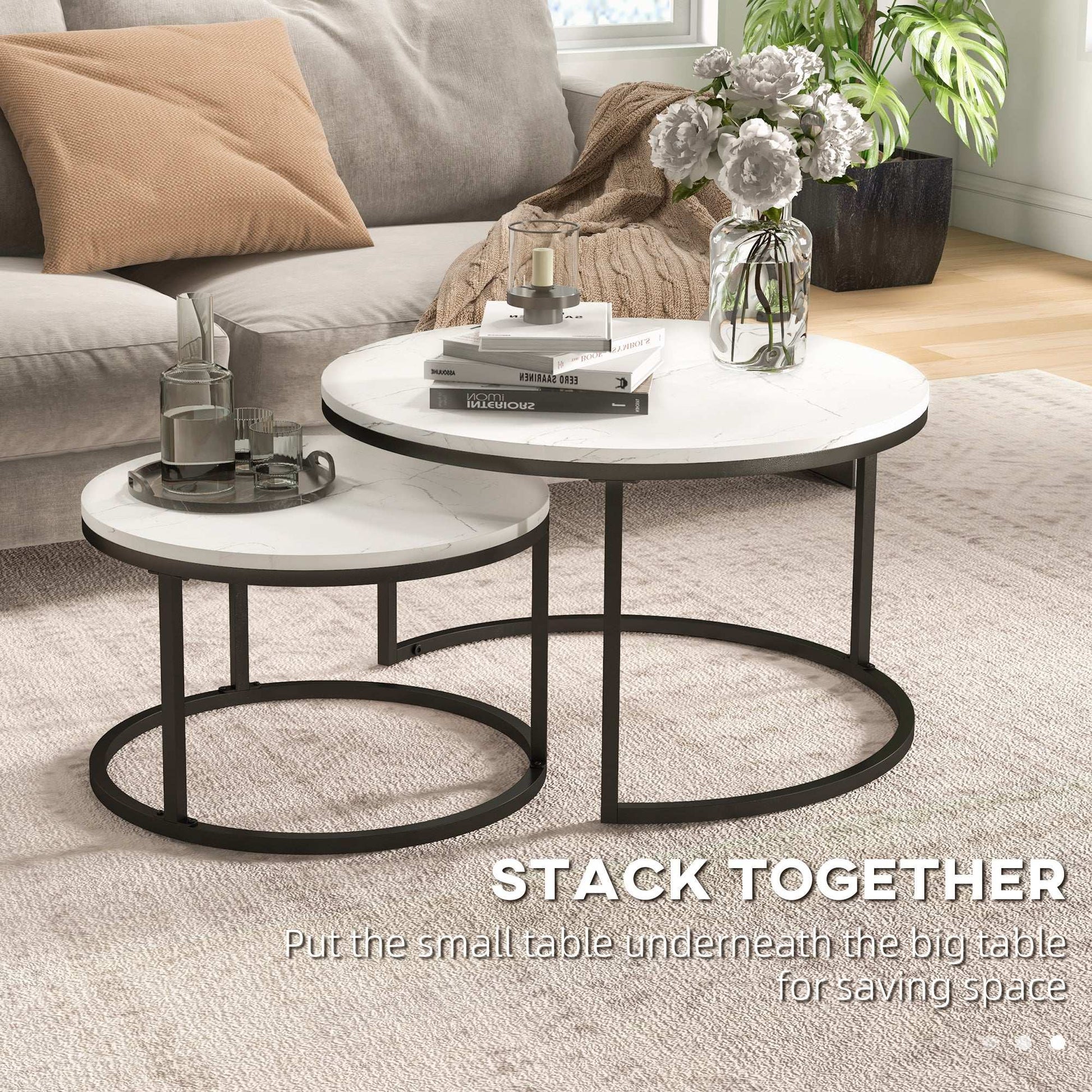 Industrial Nesting Coffee Table Set of 2, Round Coffee Tables, Living Room Table with Faux Marbled Top and Steel Frame