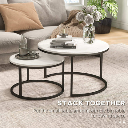 Industrial Nesting Coffee Table Set of 2, Round Coffee Tables, Living Room Table with Faux Marbled Top and Steel Frame