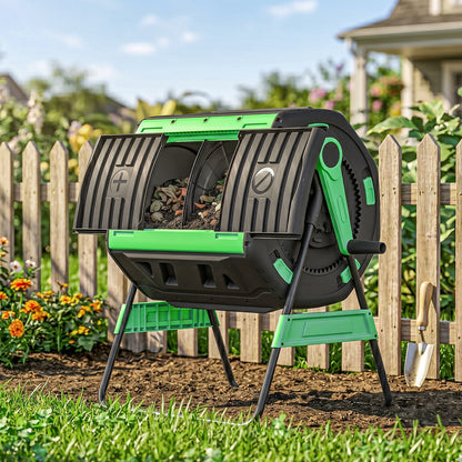 200L Dual Chamber Tumbling Compost Bin | 360° Rotation | 8 Adjustable Vents | BPA Free | Elevated Base | Green