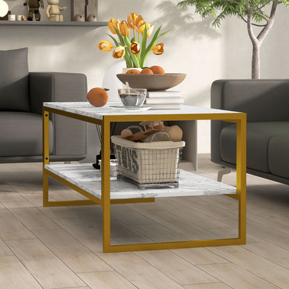 Two-Tier Coffee Table, Modern Marble Effect Center Table with Storage Shelf and Metal Frame, Tea Table for Living Room, White