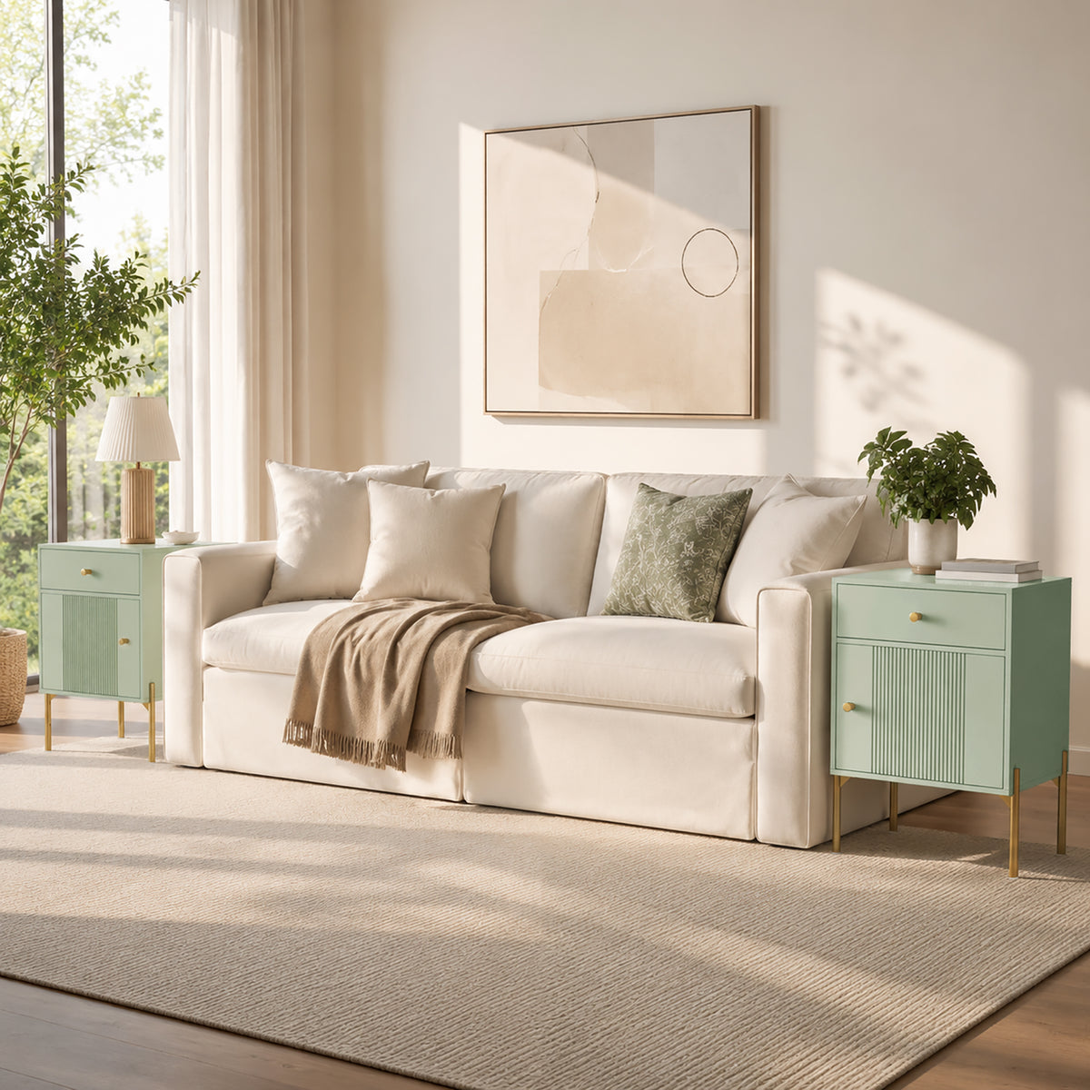 Set of 2 Modern End Tables | Light Green | Particleboard Metal Legs | 40x35x60cm Each | Drawer Cabinet & Shelf | 40kg | Melamine Surface | Metal Slide Runners | Living Room Bedroom