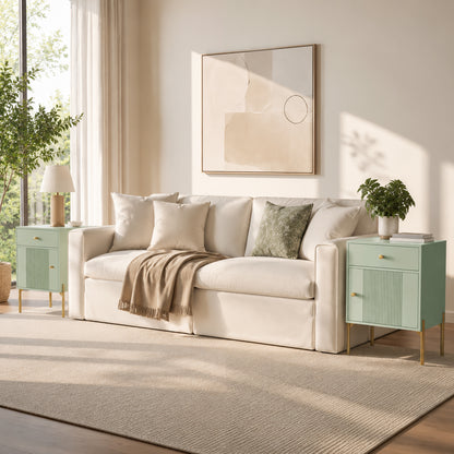 Set of 2 Modern End Tables | Light Green | Particleboard Metal Legs | 40x35x60cm Each | Drawer Cabinet & Shelf | 40kg | Melamine Surface | Metal Slide Runners | Living Room Bedroom