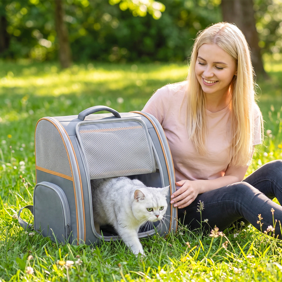 Foldable Pet Backpack Carrier | Breathable Mesh Windows | Removable Rigid Base | 600D Waterproof Oxford | Side Storage | 37.5x34x42cm | Folds to 43x39x9cm | 5kg | Cats Dogs Rabbits | Grey