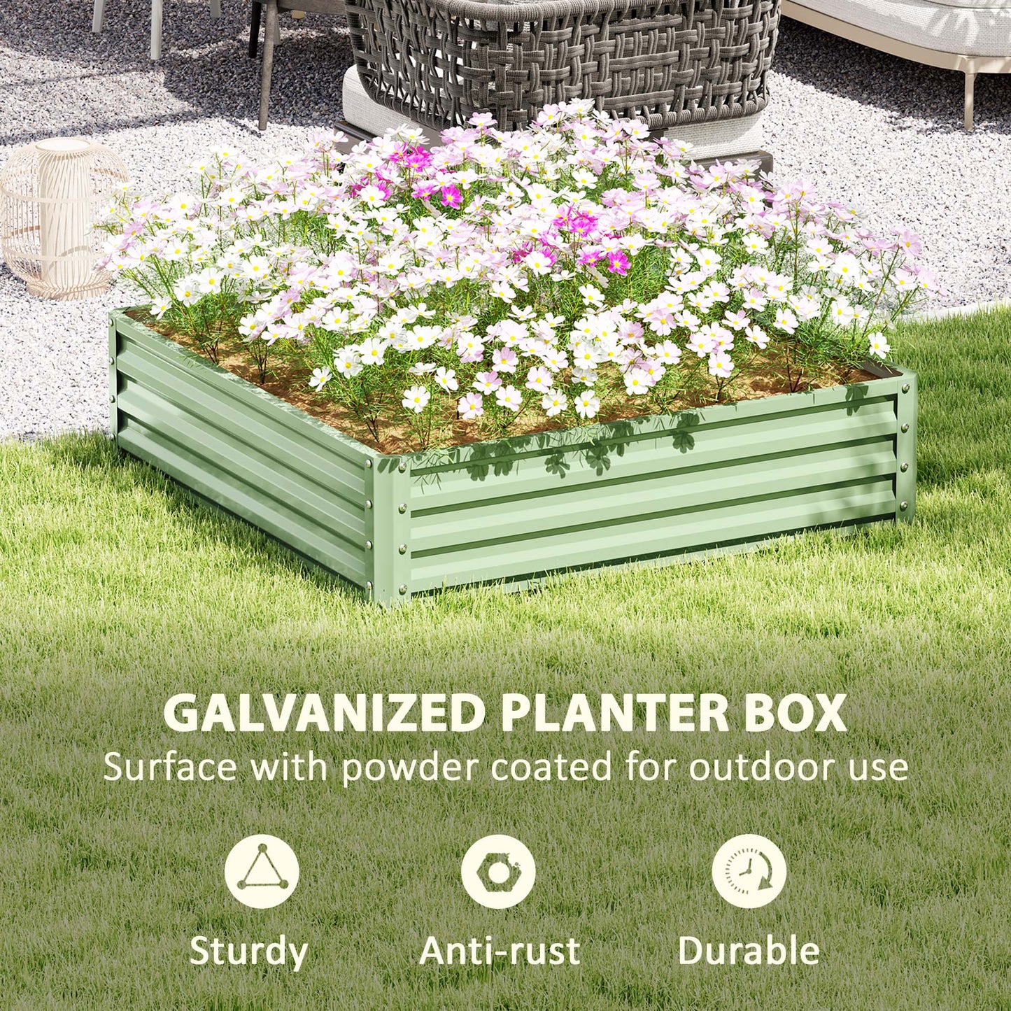Square Galvanised Steel Raised Garden Bed | 120x120x30cm | Open Base | Slot-Together | Vegetables, Flowers & Herbs | Light Green