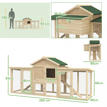 PawHut Large Chicken Coop with Run Backyard Hen House Poultry Coops Cages with Nesting Box Wooden 204 x 85 x 93cm