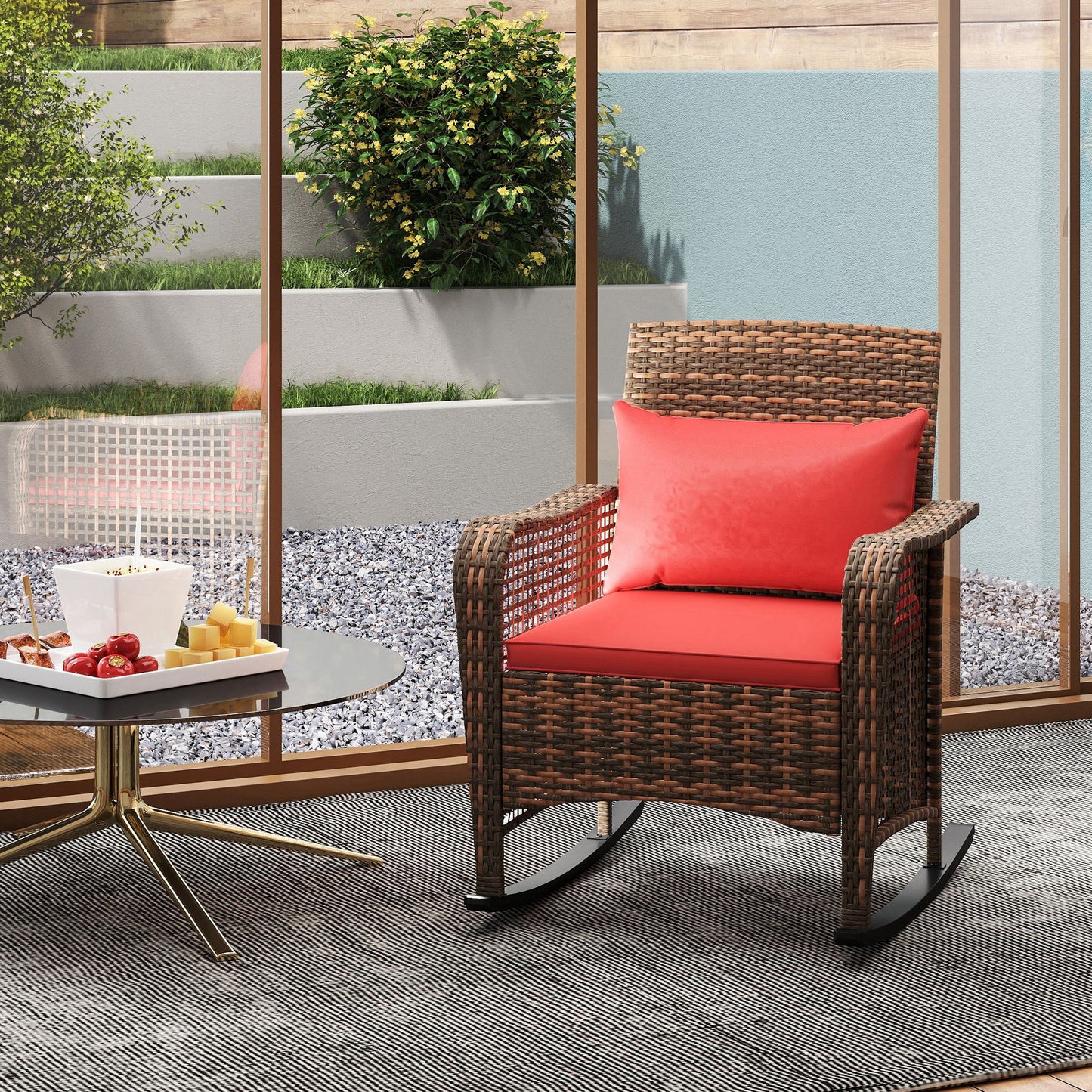 Outsunny Garden Rocking Chair, Outdoor Rattan Rocker Lounge Chair with Seat and Back Cushions, Patio Armchair Seat with All-weather Wicker, Steel Frame for Porch Balcony, Red