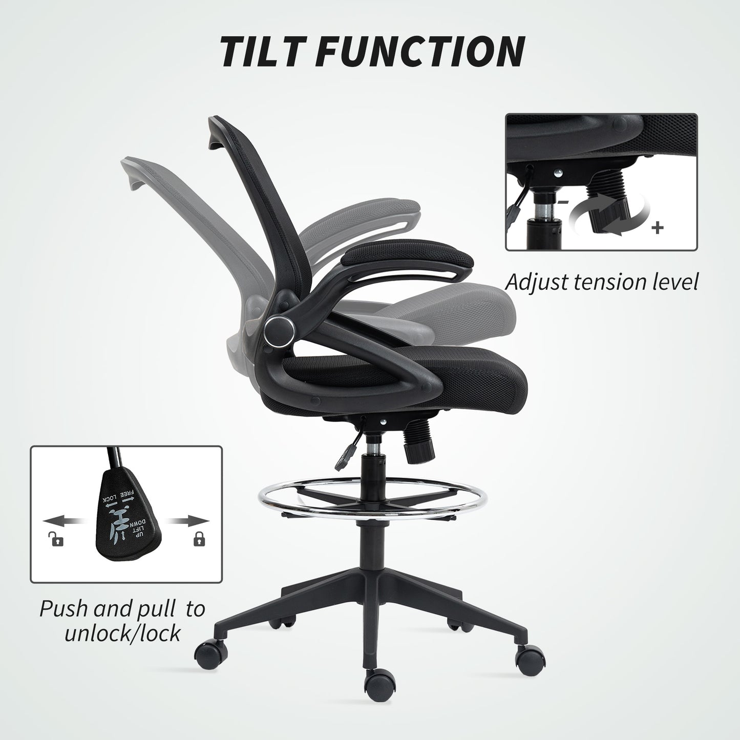 Drafting Chair for Standing Desk | Mesh Back | Foam Seat | Flip-Up Armrests | Foot Ring | 360° Swivel | Height Adjustable 106-126cm | 120kg | Black
