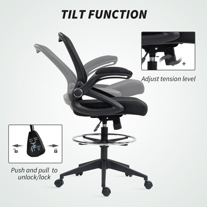 Drafting Chair for Standing Desk | Mesh Back | Foam Seat | Flip-Up Armrests | Foot Ring | 360° Swivel | Height Adjustable 106-126cm | 120kg | Black