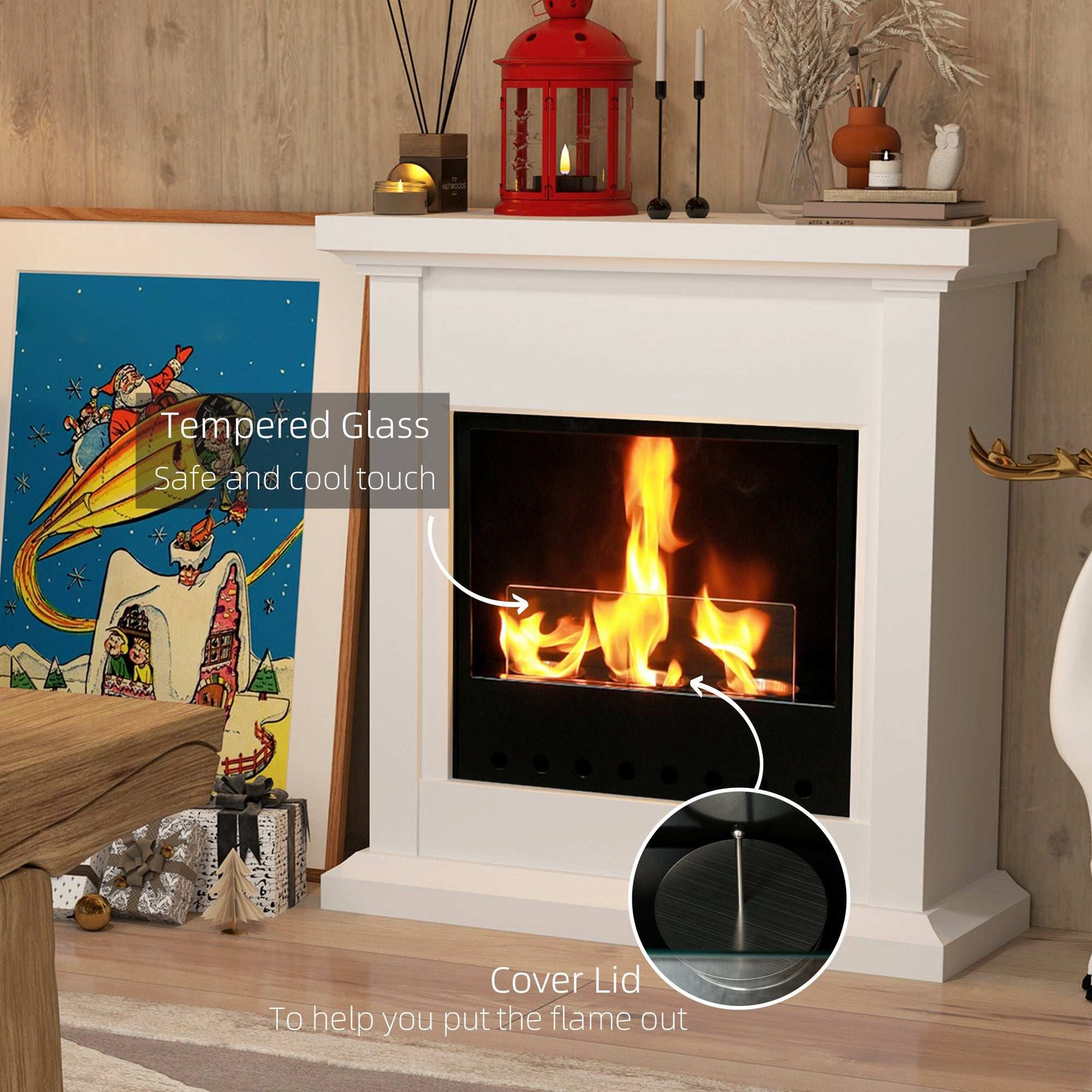Gel and Ethanol Fireplace Stove, Modern Bioethanol Fire, Indoor Ethanol Burner with 1.2 Litres (39oz) Volume, Burns for Up to 3 Hours, 26 Inch, White