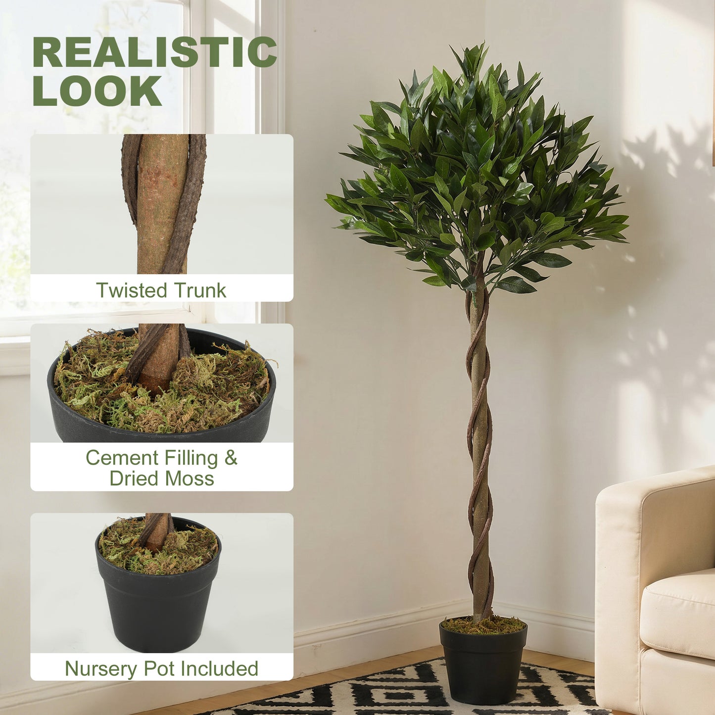 Set of 2 Artificial Bay Laurel Topiary Trees | 741 PE Leaves | Twisted Trunk | Bendable Branches | UV-Resistant | Weighted Cement Pots | Indoor & Outdoor | 16 x 120cm | Green