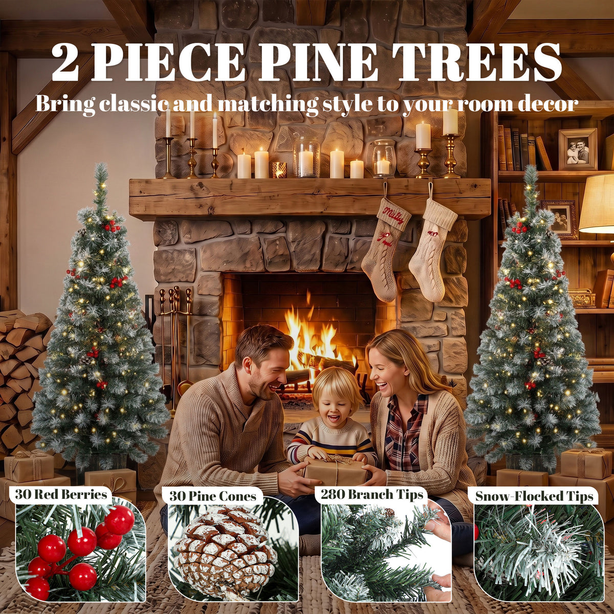 Set of 2 Slim Pre-Lit Christmas Trees | Green Frosted Tips | 120cm 4ft Pencil | 100 LEDs Warm White Multicolour | 11 Modes Remote | 140 Tips Pine Cones Berries | Battery Operated | Pot Base