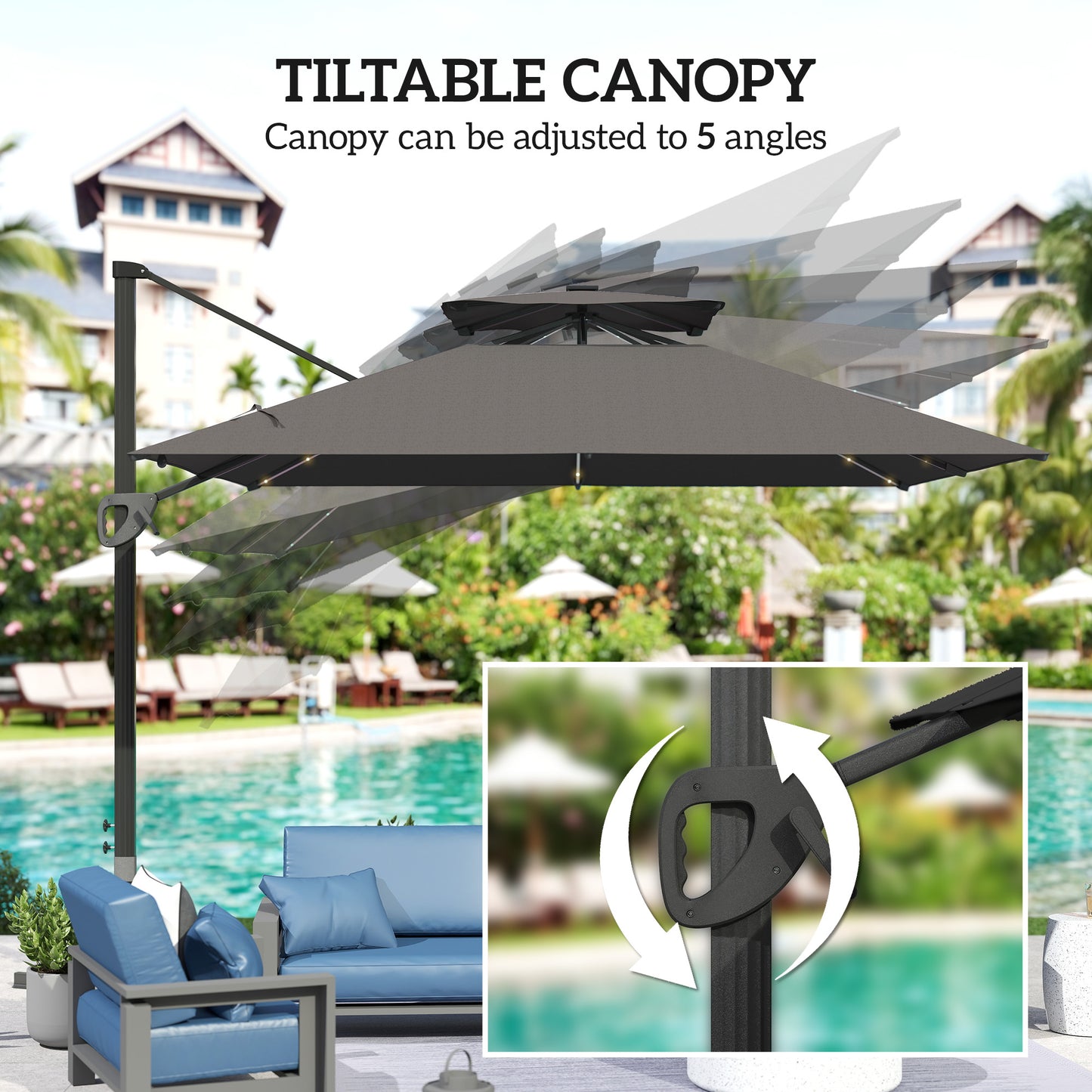 Outsunny 3.5x3 m Garden Cantilever Parasol with Solar LED Lights and Centre Light, Aluminium Large Square Patio Umbrella, UPF50+ Hanging Sun Shade with Cross Base