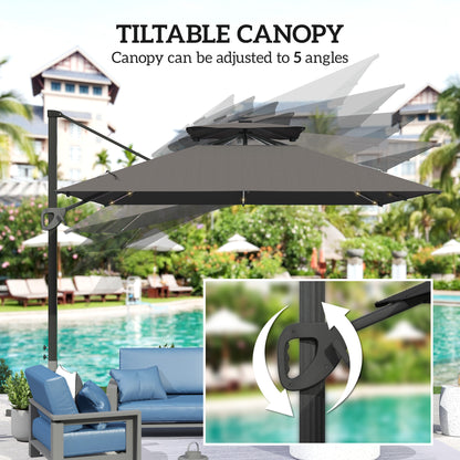 Outsunny 3.5x3 m Garden Cantilever Parasol with Solar LED Lights and Centre Light, Aluminium Large Square Patio Umbrella, UPF50+ Hanging Sun Shade with Cross Base