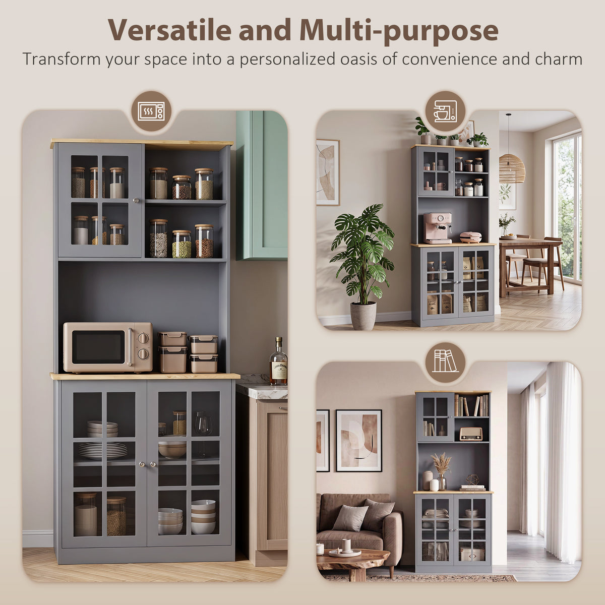 Kitchen Pantry Storage Cabinet | Grey & Oak Buffet Hutch with 3 Cabinets, Adjustable Shelf, 2 Open Shelves & Countertop | 80 x 37 x 183 cm