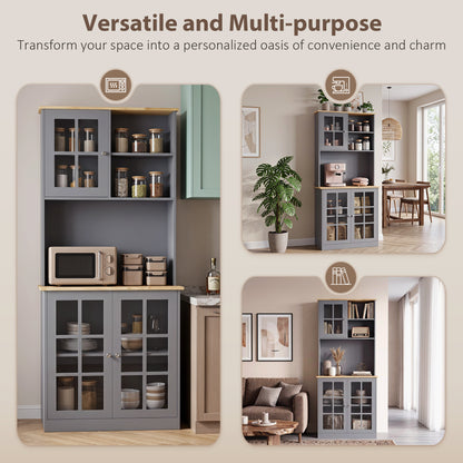 Kitchen Pantry Storage Cabinet | Grey & Oak Buffet Hutch with 3 Cabinets, Adjustable Shelf, 2 Open Shelves & Countertop | 80 x 37 x 183 cm