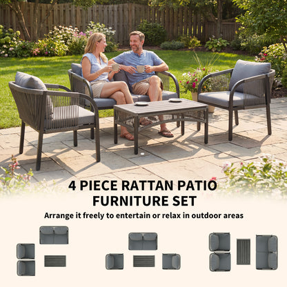 4 Piece Rattan Garden Furniture Set | Loveseat | 2 Armchairs | Wood-Effect WPC Coffee Table | Round PE Wicker | Powder-Coated Steel | Washable Cushions | 120kg | Grey