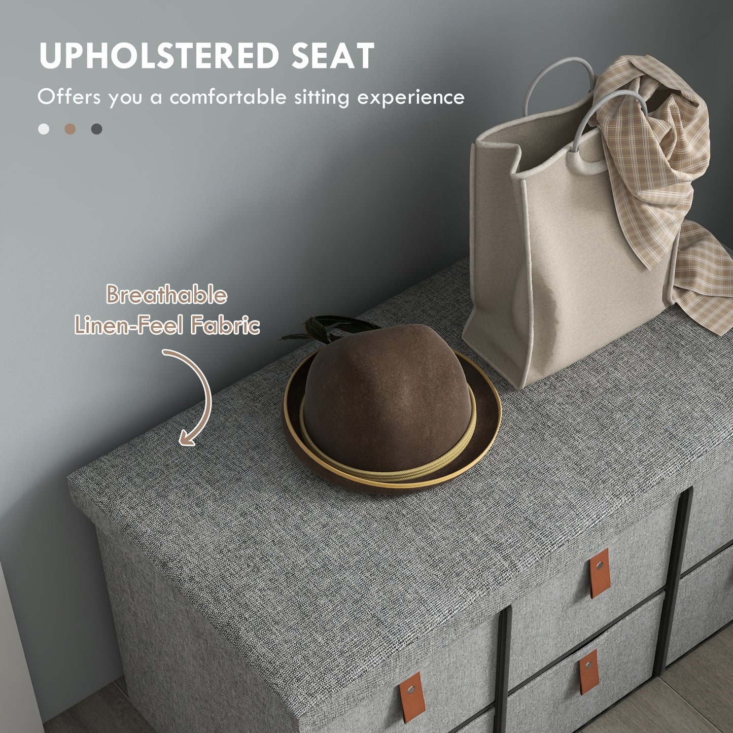 Shoe Bench with Seat, Shoe Storage Bench with Cushion and 6 Fabric Drawers for Entryway, Hallway, Living Room, Bedroom, Light Grey