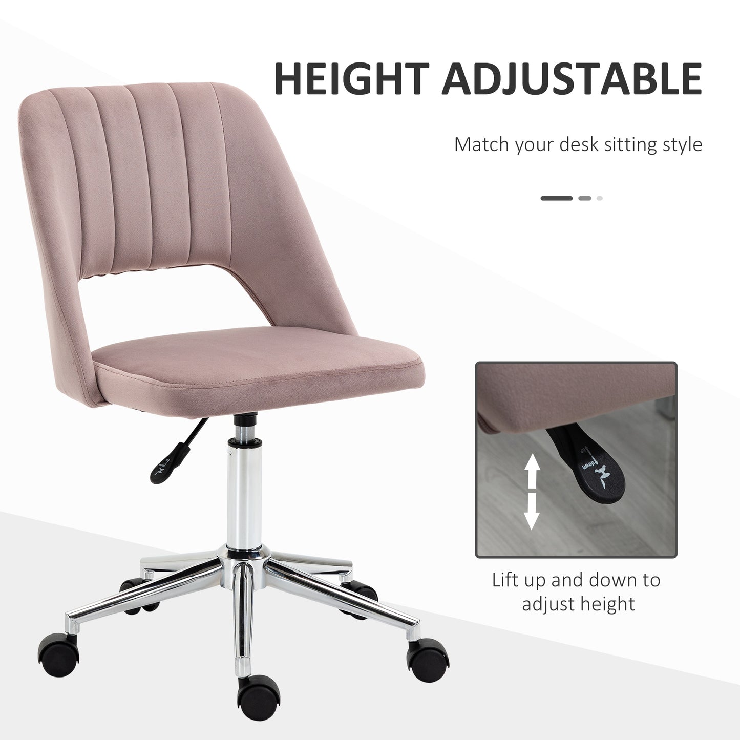 Armless Velvet-Feel Office Chair | Sponge Padded Seat & Back | 360° Swivel | 5 Wheels | Height Adjustable 46-58cm | 120kg | Bedroom Home Office Study | Pink