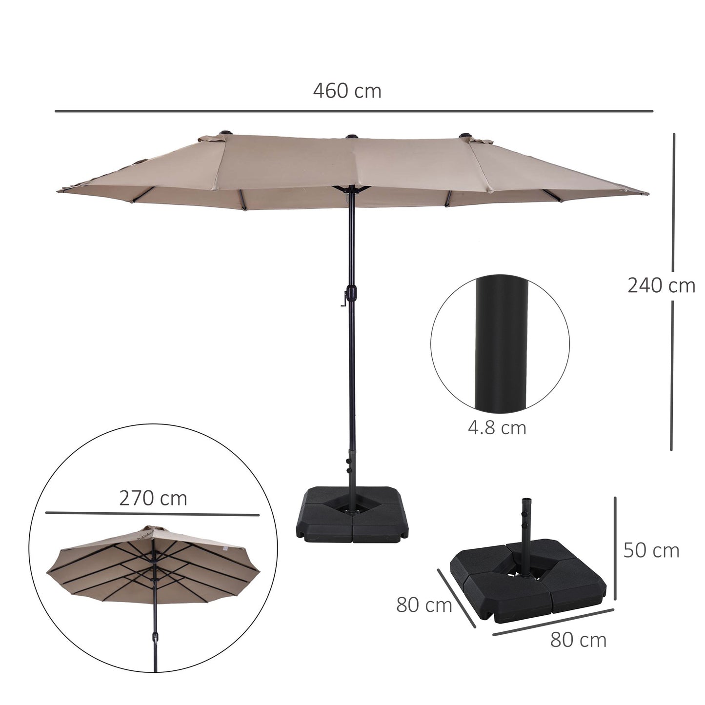 Outsunny 4.6m Garden Parasol Double-Sided Sun Umbrella Patio Market Shelter Canopy Shade with Umbrella Stand, Tan
