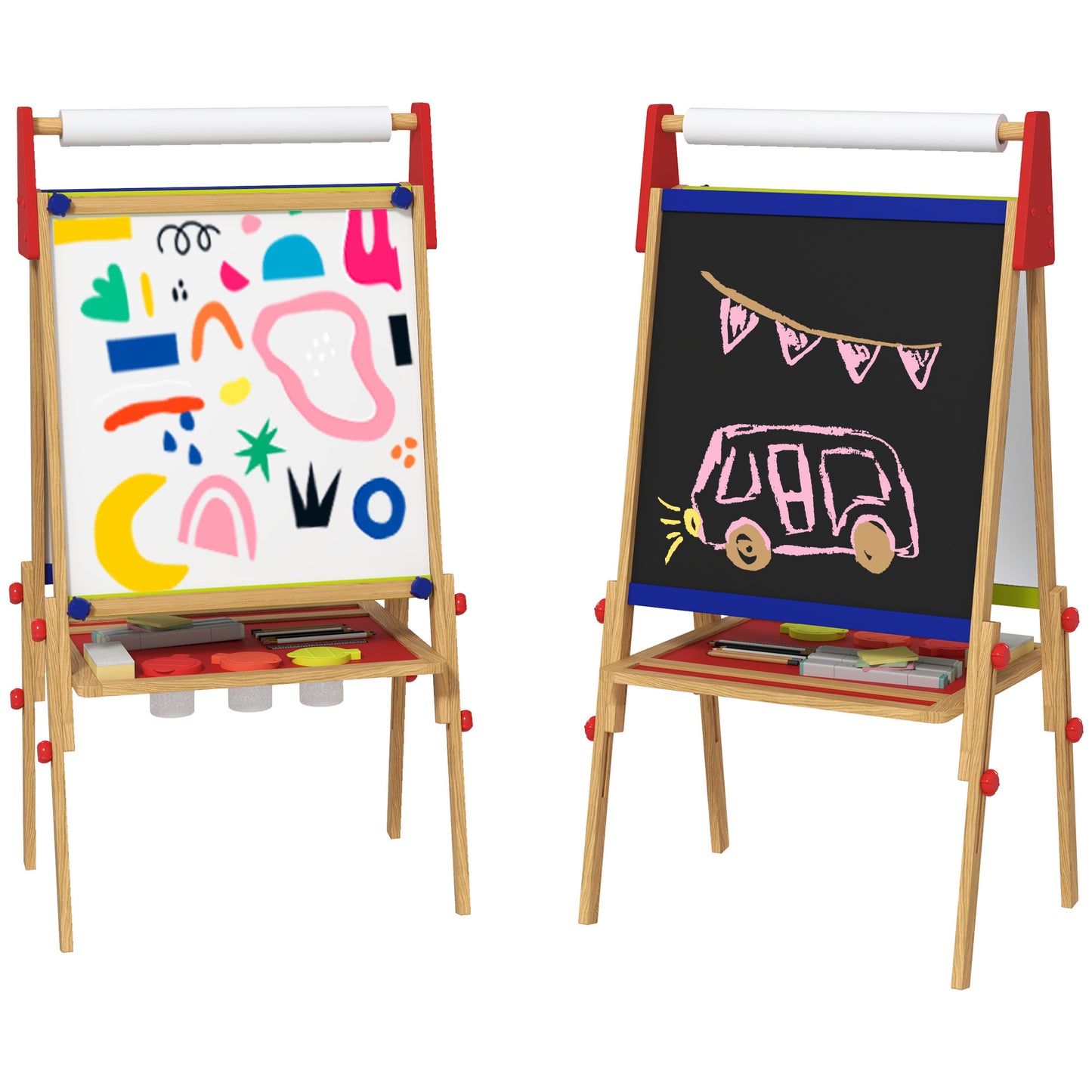 3 in 1 Wooden Kids Easel with Paper Roll, Whiteboard & Chalkboard, Painting Accessories