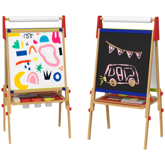 3 in 1 Wooden Kids Easel with Paper Roll, Whiteboard & Chalkboard, Painting Accessories
