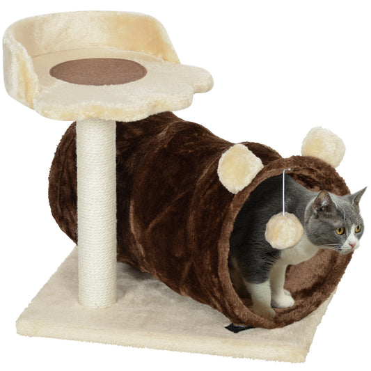 PawHut 47cm Small Cat Tree w/ Scratching Post, Bed, Cat Tunnel, Toy Ball, Dark Brown / Grey