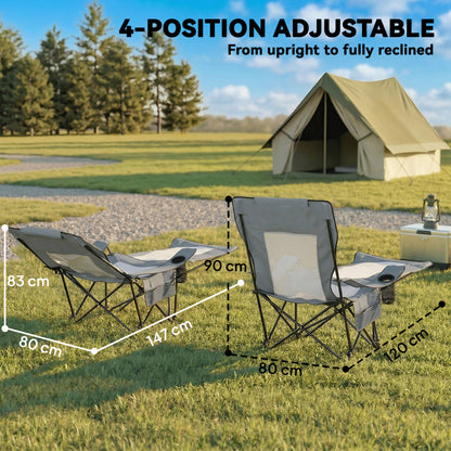 Reclining Camping Chair | Set of 2 | 4-Position Backrest | Detachable Footrest | Cup Holder | Breathable Mesh | 120kg | Grey