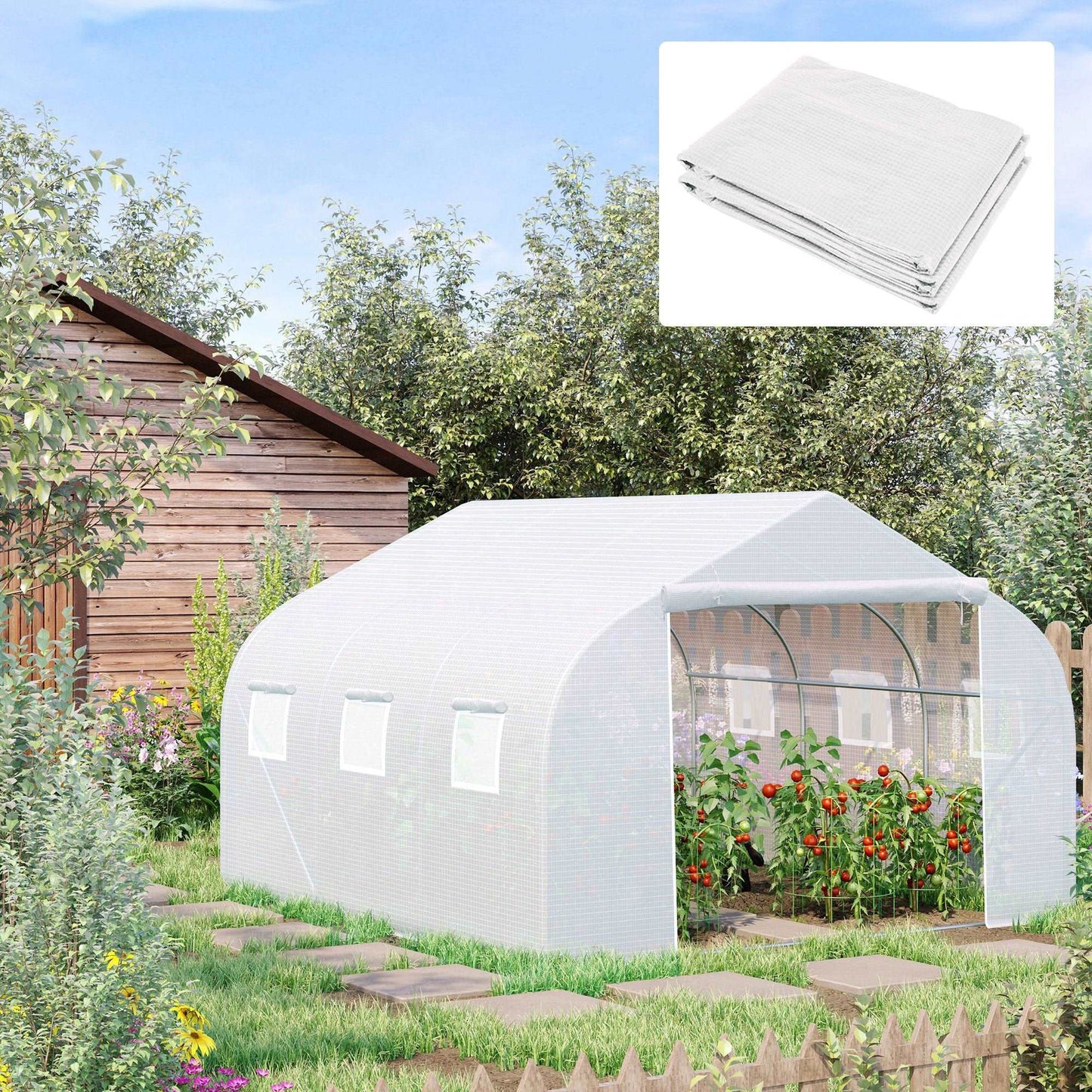 4.5 x 3 x 2m Greenhouse Replacement Cover Reinforced Gardening Plant Cover for Walk-In Growhouse with Zipper Door, White, COVER ONLY