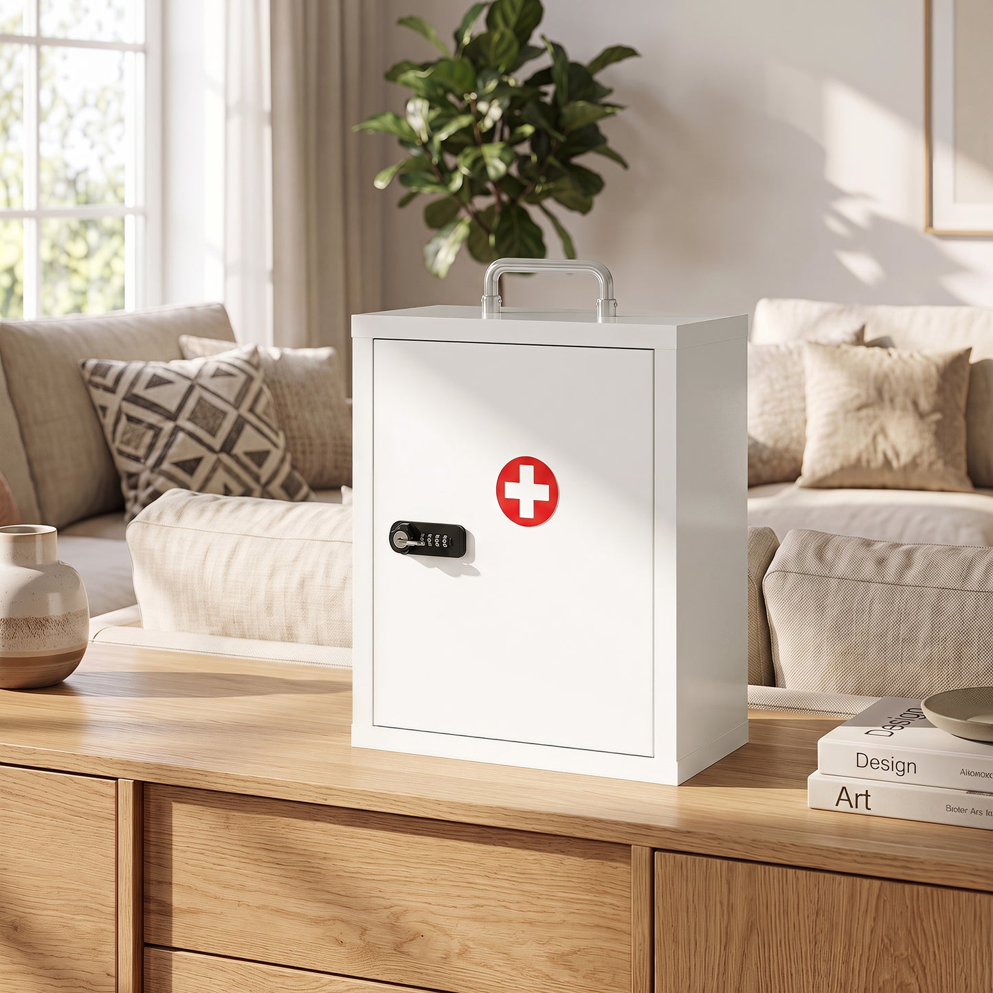 Wall Mount Medicine Cabinet | Combination & Key Dual Lock | 3-Tier Steel | 5kg | No Assembly | 32 x 14 x 38cm | White