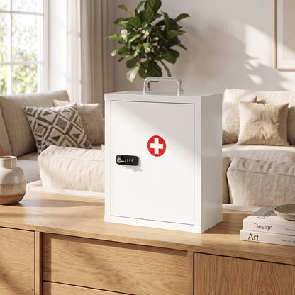 Wall Mount Medicine Cabinet | Combination & Key Dual Lock | 3-Tier Steel | 5kg | No Assembly | 32 x 14 x 38cm | White