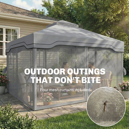 3x3.6m Permanent Garden Gazebo | Double-Tier UPF50+ Roof | Mesh Panels | Integrated Corner Shelves | Ceiling Hook | Triangular Powder-Coated Posts | Expansion Screws | Ground Stakes | Dark Grey