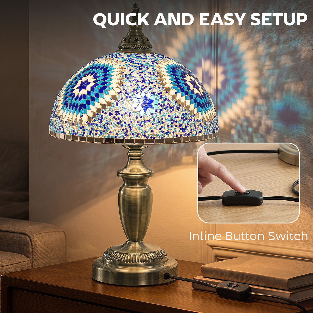 Tiffany-Style Stained Glass Bedside Table Lamp | Blue Coloured Glass Shade | Bronze-Tone Electroplated Frame | E27 Max 40W | Inline Switch | 1.5m Cable | 30x30x50cm | Blue