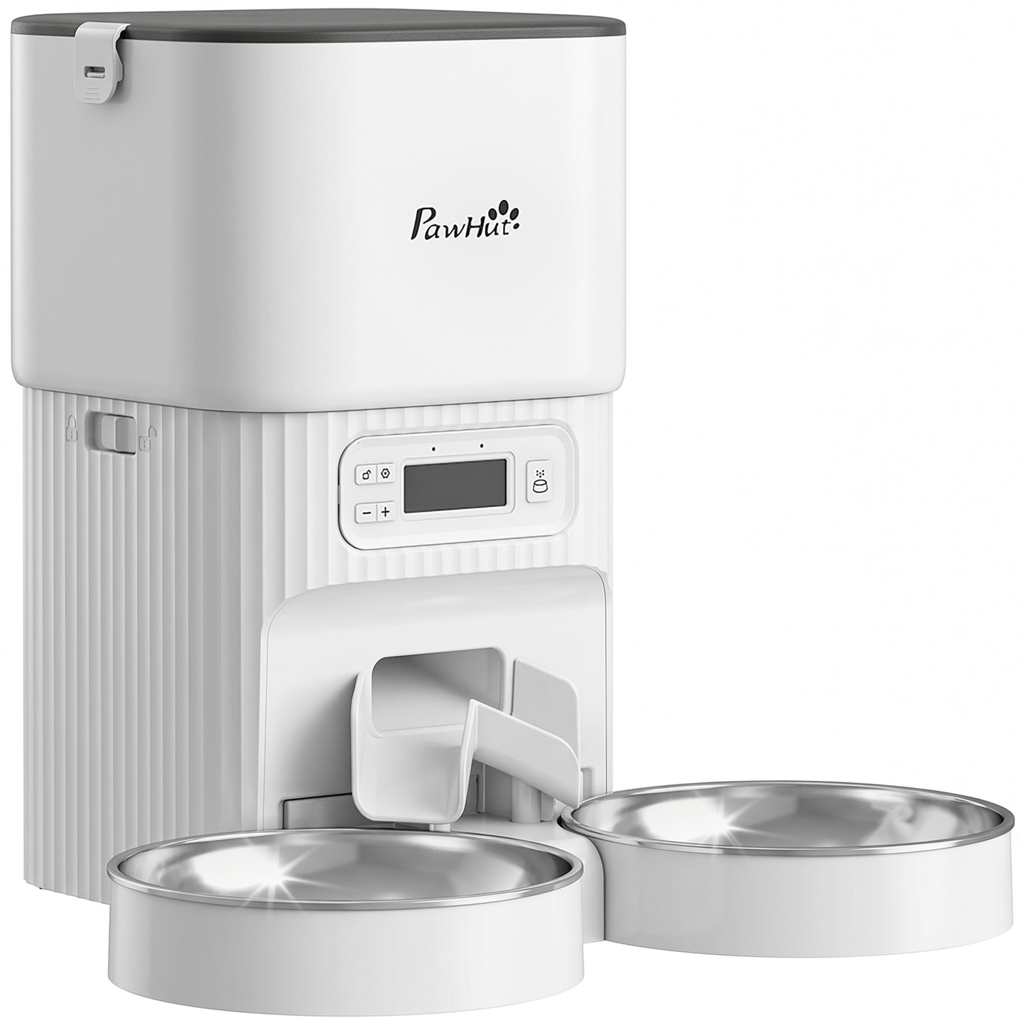 Automatic Pet Feeder | Dual Bowl | LCD Screen & Button Control | Anti-Jam | Airtight Lid | 4L / 16 Cup Tank | Dual Power | Cats & Dogs up to 15kg | White