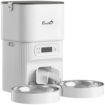 Automatic Pet Feeder | Dual Bowl | LCD Screen & Button Control | Anti-Jam | Airtight Lid | 4L / 16 Cup Tank | Dual Power | Cats & Dogs up to 15kg | White